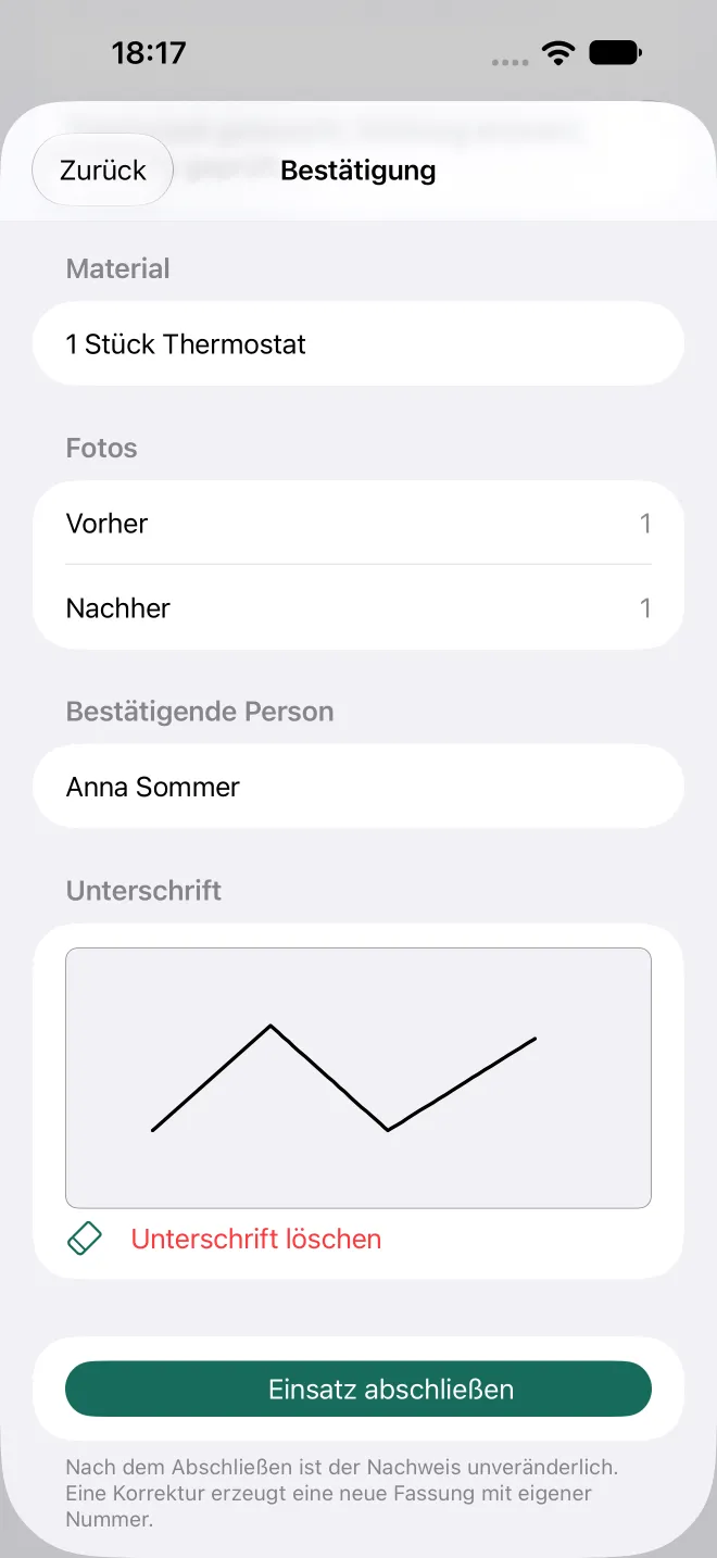 Originaloberfläche: Bestätigung im Auftragsnachweis für iPhone