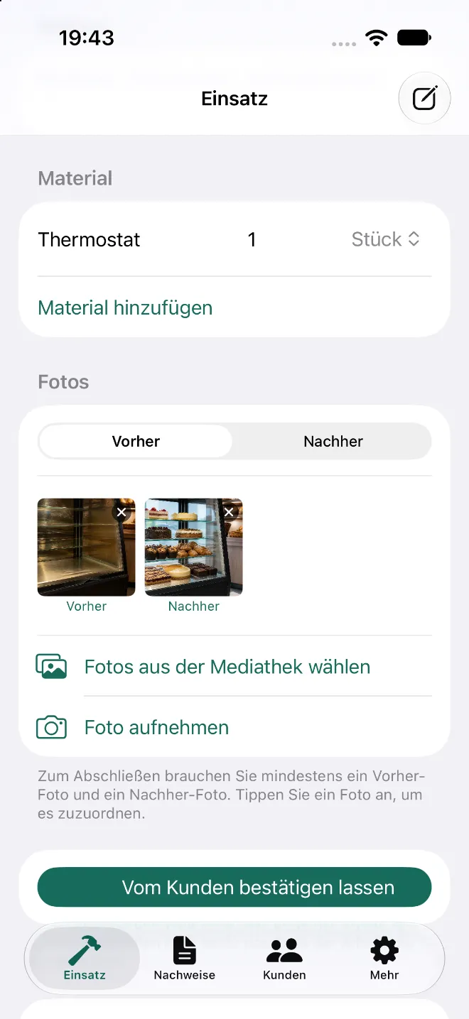 Originalansicht der App mit Vorher- und Nachher-Fotos eines Mustereinsatzes