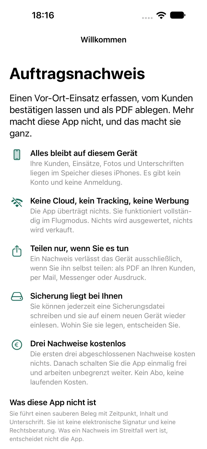 Originalansicht: Willkommen in der iPhone-App Auftragsnachweis