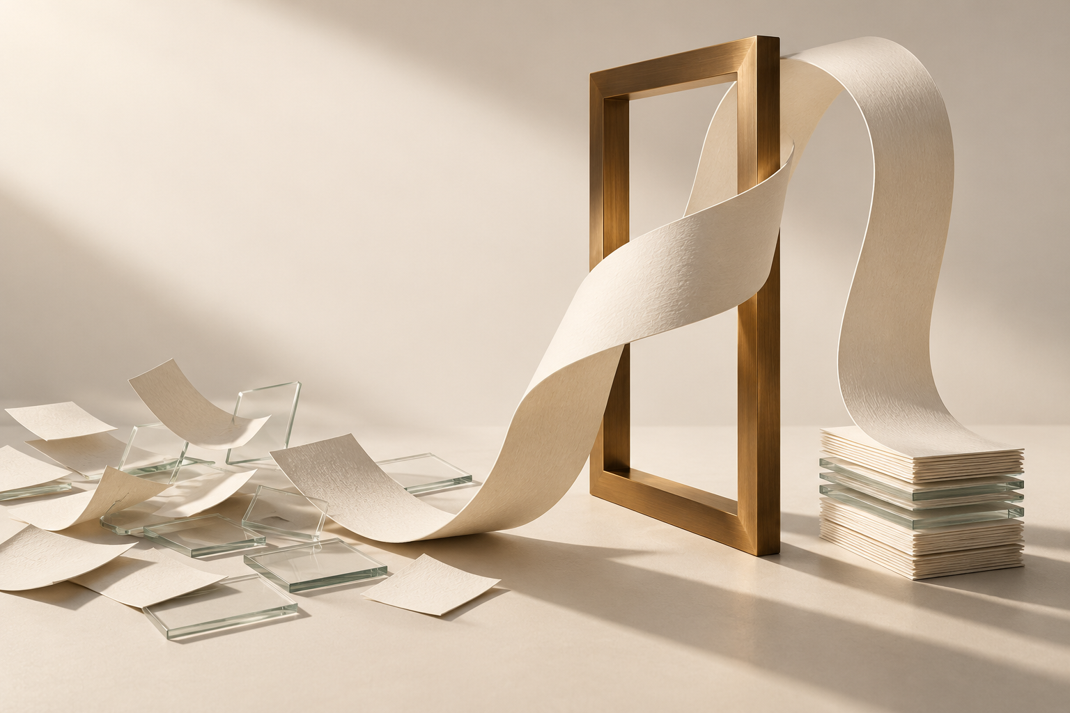 Künstlerisches Valtheon-Leitmotiv: Lose Papier- und Glasfragmente werden durch eine geschwungene Papierbahn zu einem geordneten Stapel verbunden.